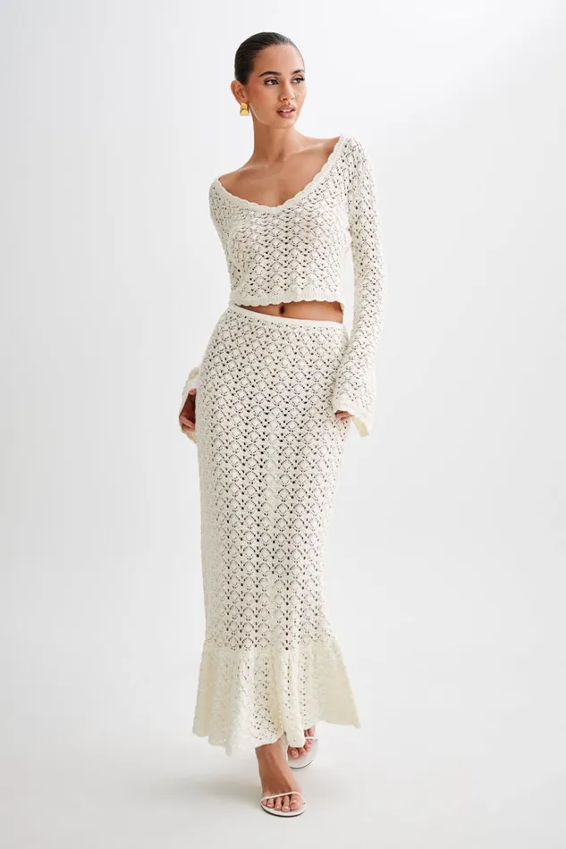 Women Meshki Bottoms Anais Frill Knit Midi Skirt 8211 Ivory