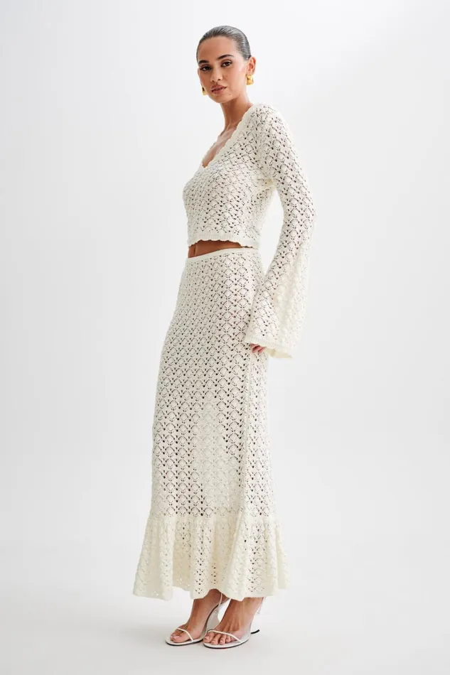 Women Meshki Bottoms Anais Frill Knit Midi Skirt 8211 Ivory