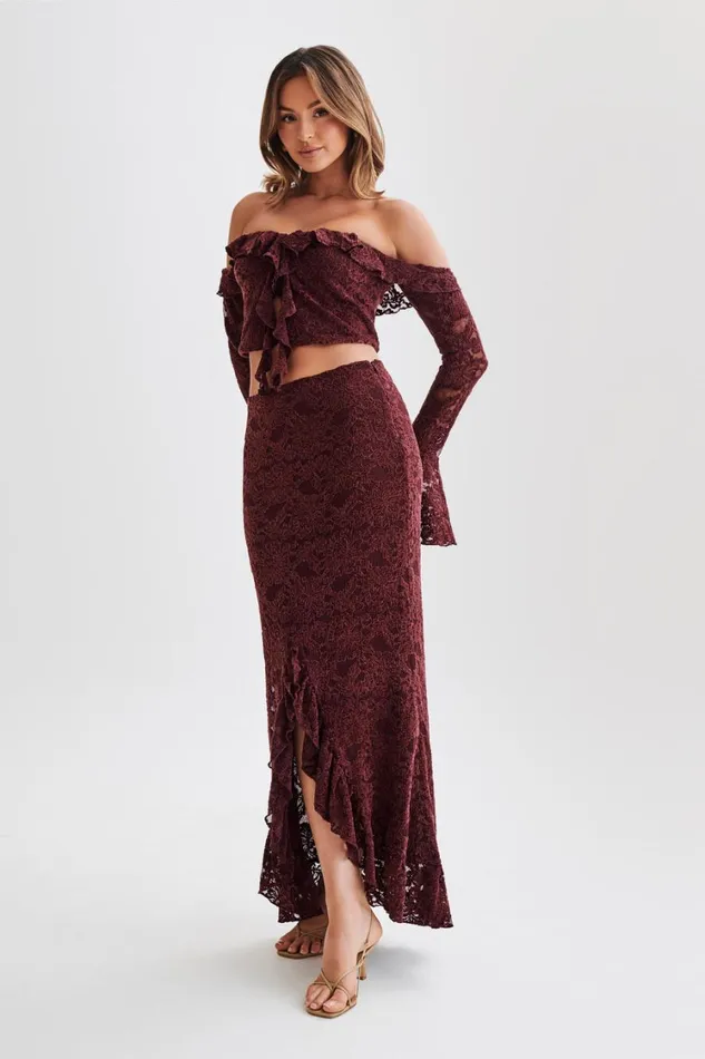 Women Meshki Bottoms Artemis Lace Plisse Maxi Skirt 8211 Plum