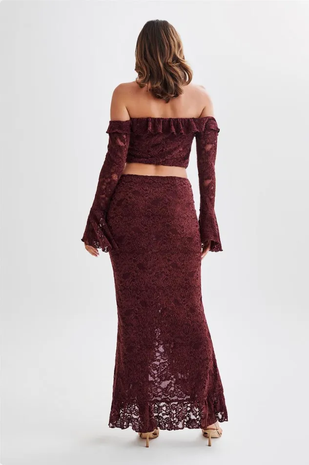 Women Meshki Bottoms Artemis Lace Plisse Maxi Skirt 8211 Plum