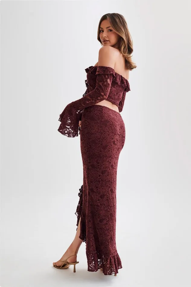 Women Meshki Bottoms Artemis Lace Plisse Maxi Skirt 8211 Plum