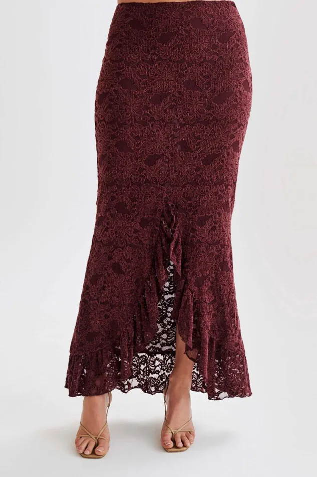 Women Meshki Bottoms Artemis Lace Plisse Maxi Skirt 8211 Plum