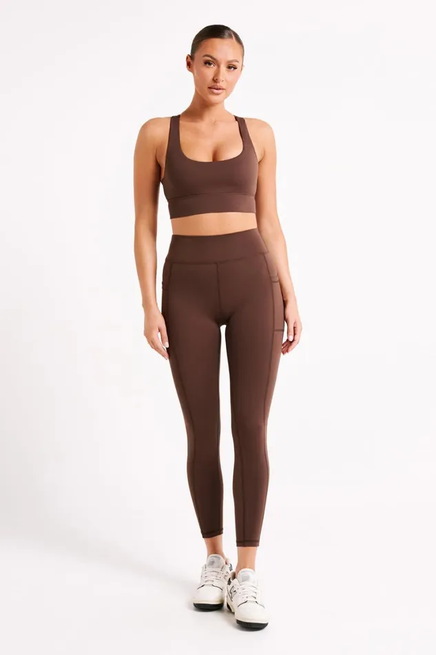 Women Meshki Bottoms Briar V Back Leggings With Pockets 8211 Dark Chocolate