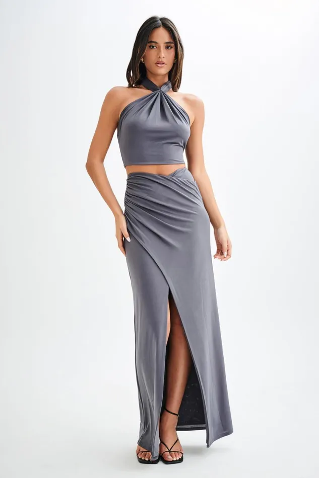 Women Meshki Bottoms Bronwyn Slinky Ruched Maxi Skirt With Split 8211 Charcoal