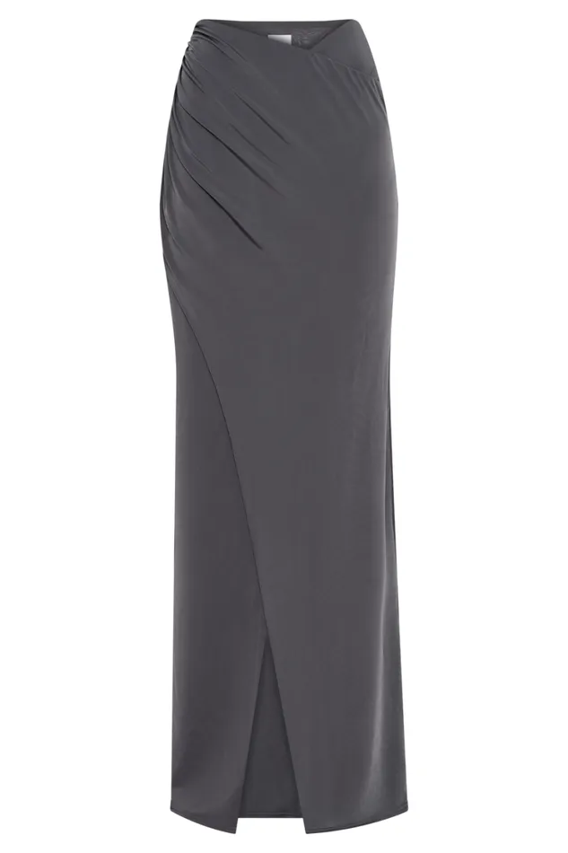Women Meshki Bottoms Bronwyn Slinky Ruched Maxi Skirt With Split 8211 Charcoal