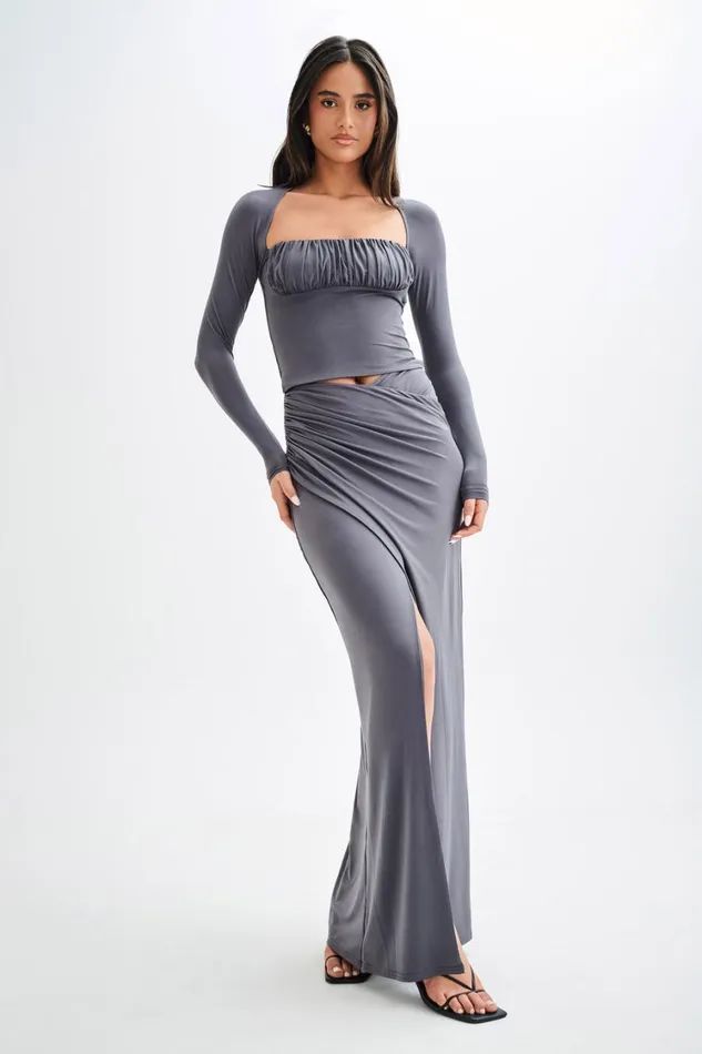 Women Meshki Bottoms Bronwyn Slinky Ruched Maxi Skirt With Split 8211 Charcoal