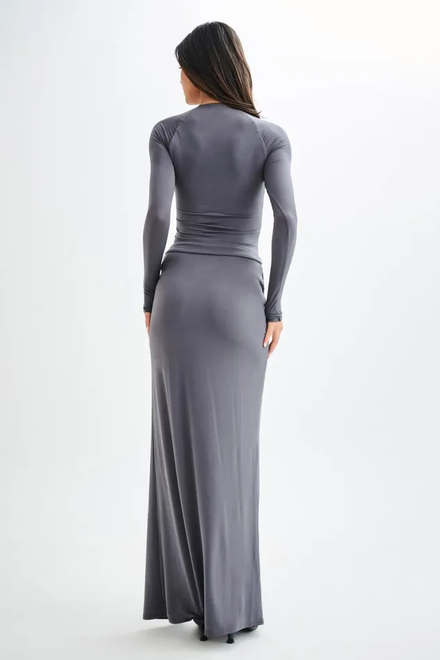 Women Meshki Bottoms Bronwyn Slinky Ruched Maxi Skirt With Split 8211 Charcoal
