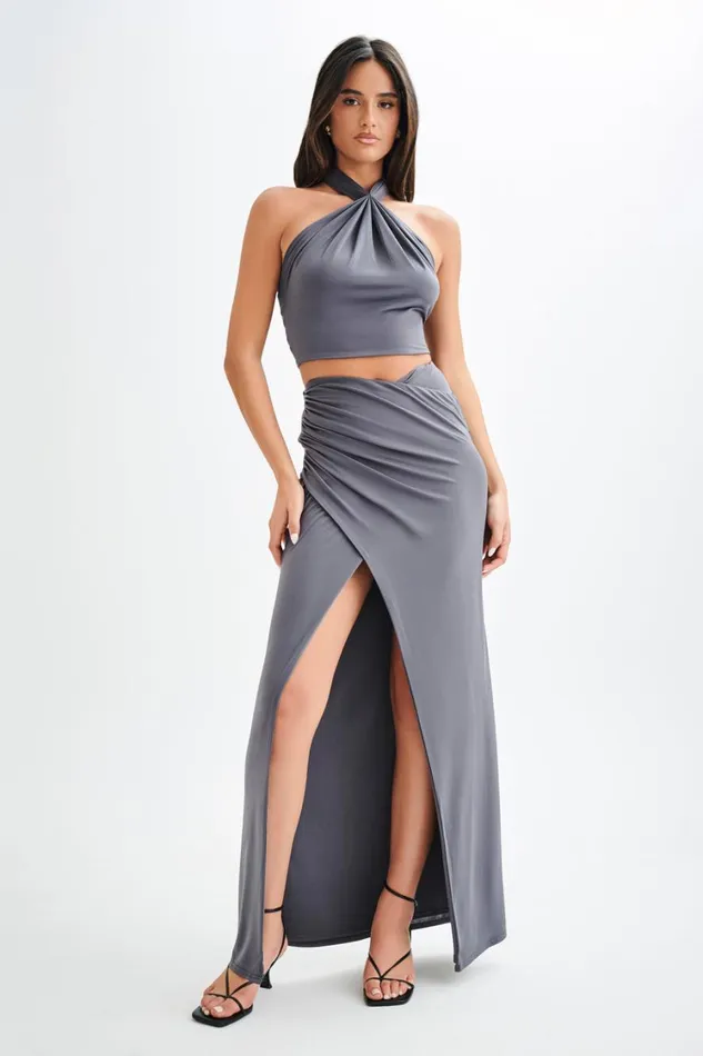 Women Meshki Bottoms Bronwyn Slinky Ruched Maxi Skirt With Split 8211 Charcoal