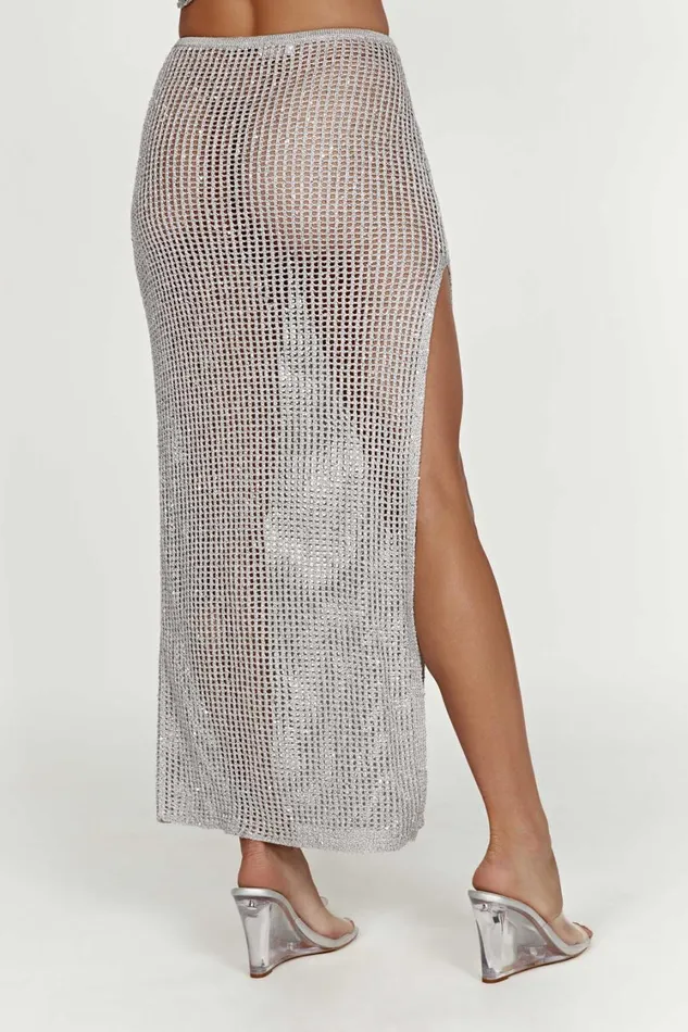 Women Meshki Bottoms Christa Sequin Crochet Maxi Skirt 8211 Silver