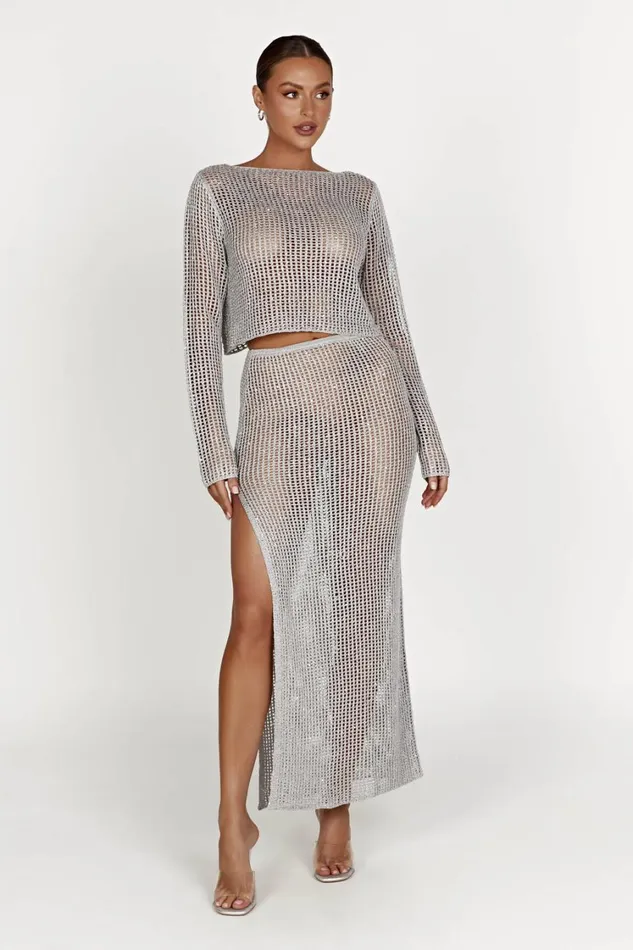 Women Meshki Bottoms Christa Sequin Crochet Maxi Skirt 8211 Silver