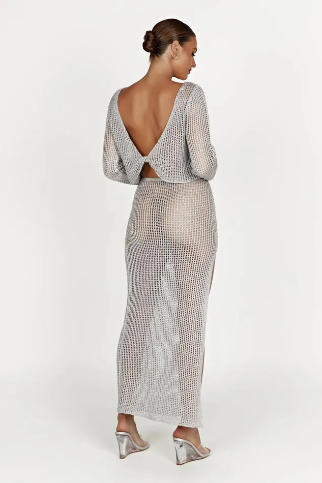 Women Meshki Bottoms Christa Sequin Crochet Maxi Skirt 8211 Silver