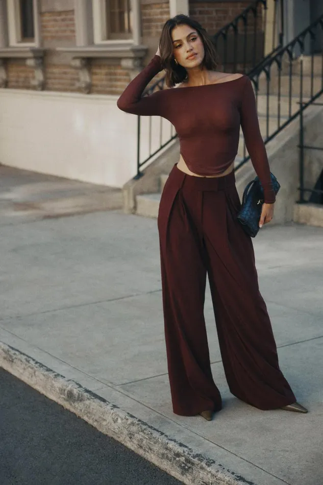 Women Meshki Bottoms Jacqueline Pleated Wide Leg Pants 8211 Mahogany