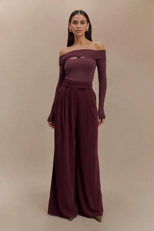 Women Meshki Bottoms Jacqueline Pleated Wide Leg Pants 8211 Mahogany