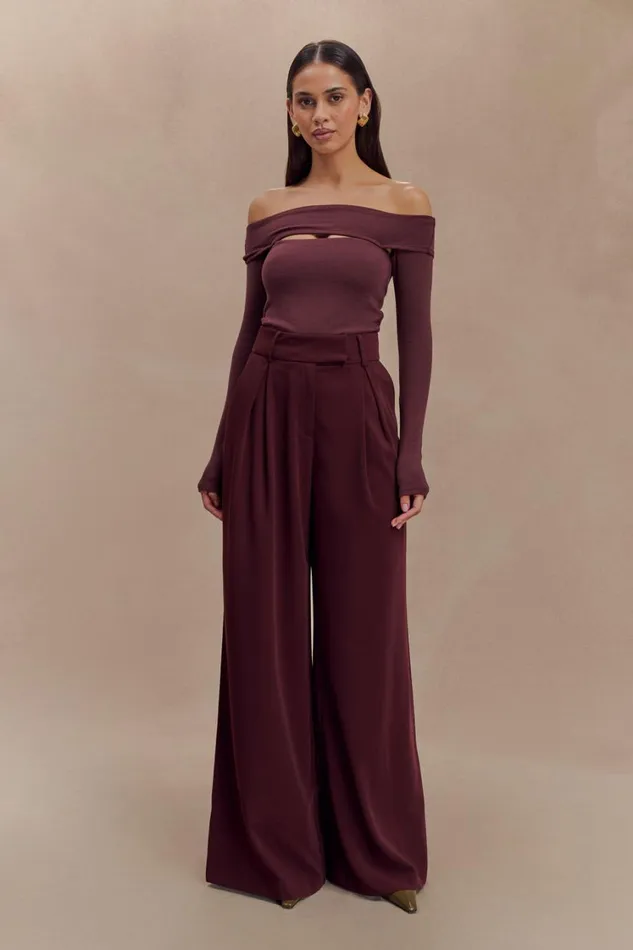 Women Meshki Bottoms Jacqueline Pleated Wide Leg Pants 8211 Mahogany