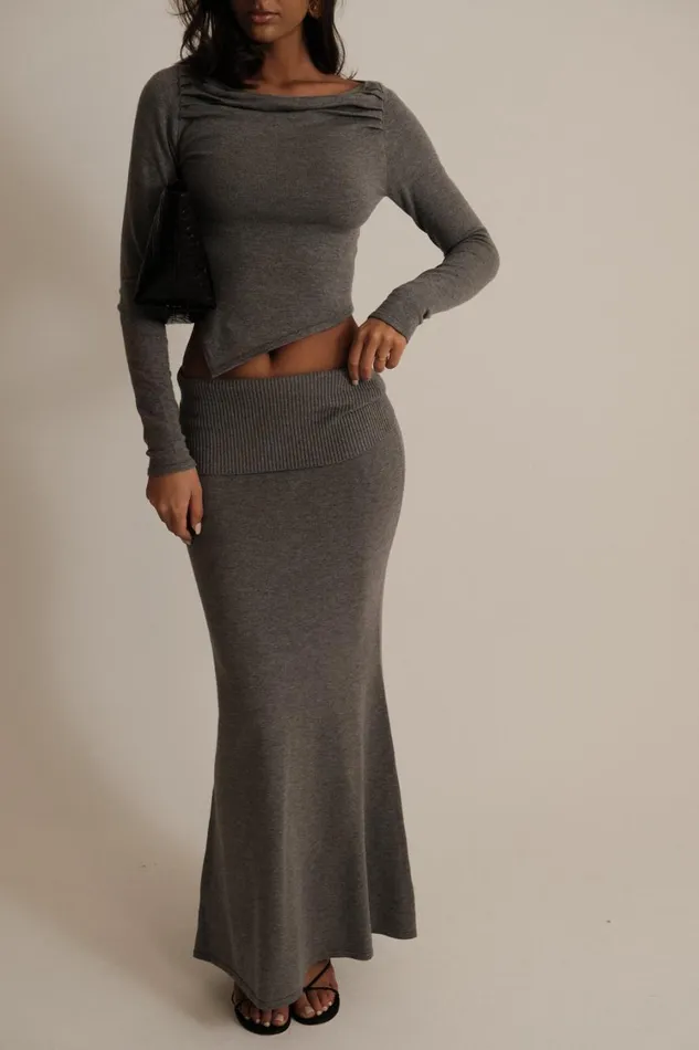 Women Meshki Bottoms Karlie Knit Maxi Skirt With Ribbed Waist 8211 Charcoal Marle