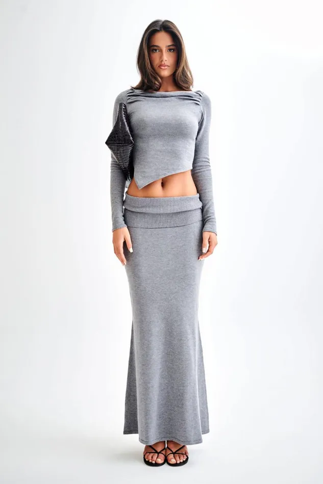 Women Meshki Bottoms Karlie Knit Maxi Skirt With Ribbed Waist 8211 Charcoal Marle