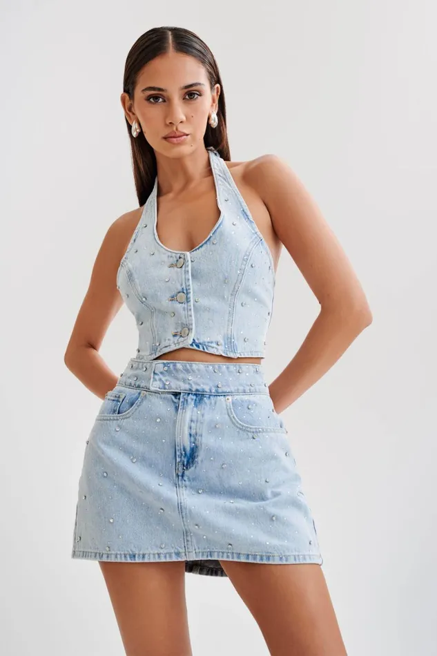 Women Meshki Bottoms Kieryn Embellished Denim Mini Skirt 8211 Light Blue