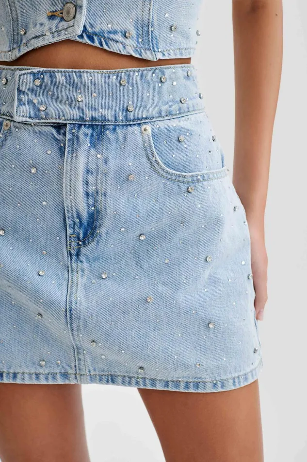 Women Meshki Bottoms Kieryn Embellished Denim Mini Skirt 8211 Light Blue