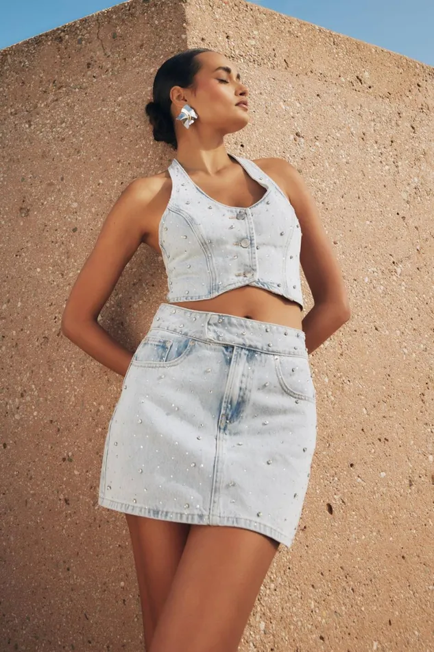 Women Meshki Bottoms Kieryn Embellished Denim Mini Skirt 8211 Light Blue