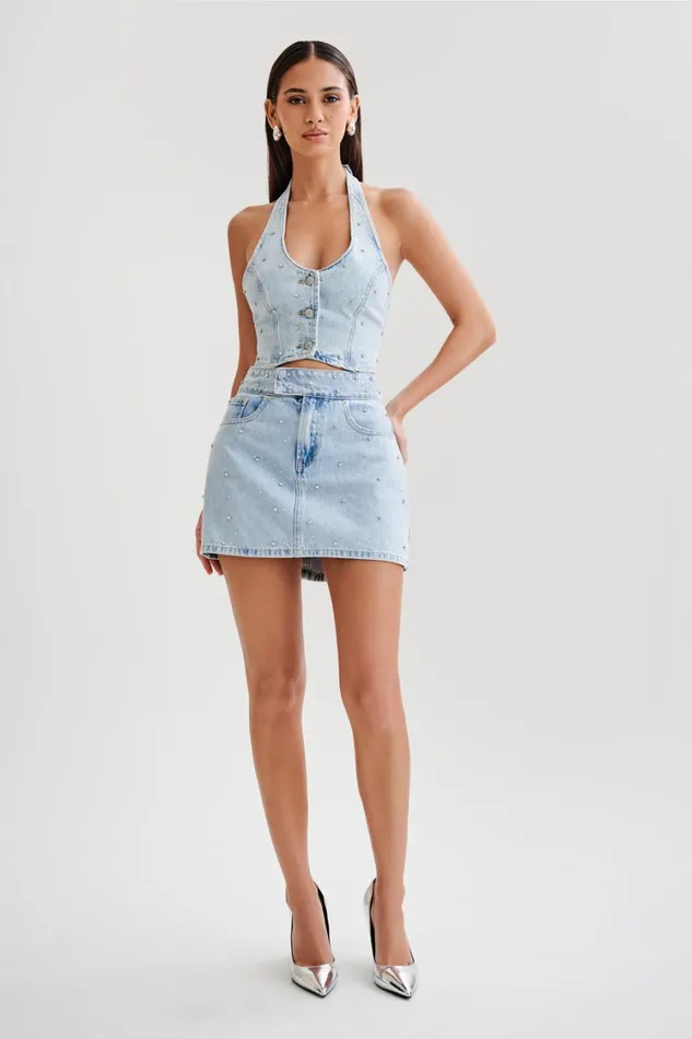 Women Meshki Bottoms Kieryn Embellished Denim Mini Skirt 8211 Light Blue