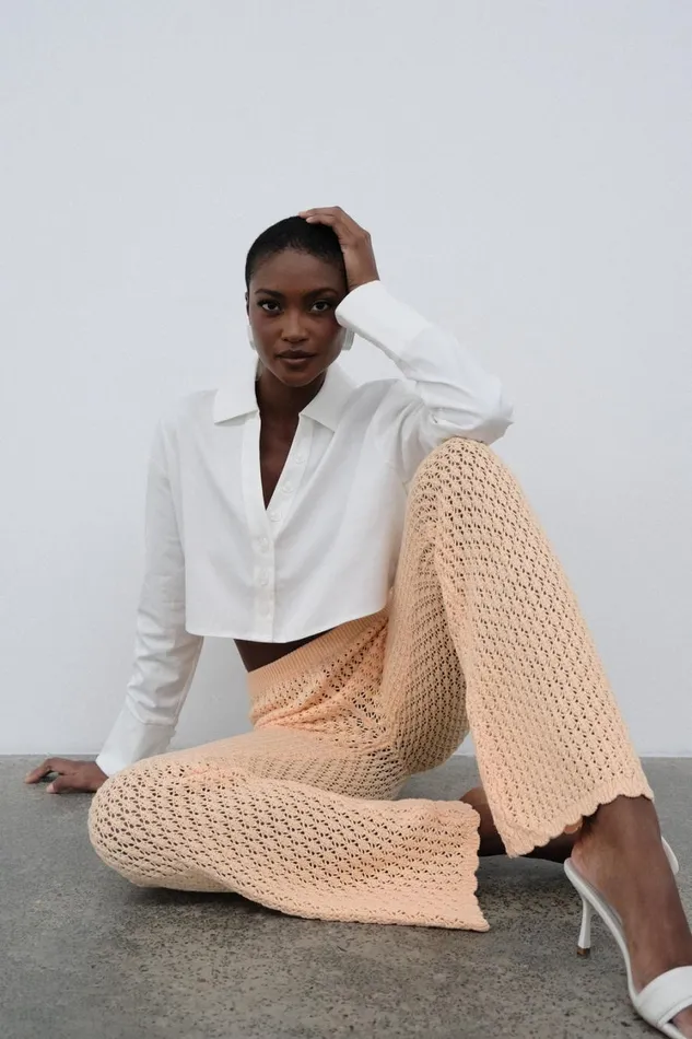 Women Meshki Bottoms Rosana Crochet Straight Leg Pants 8211 Apricot