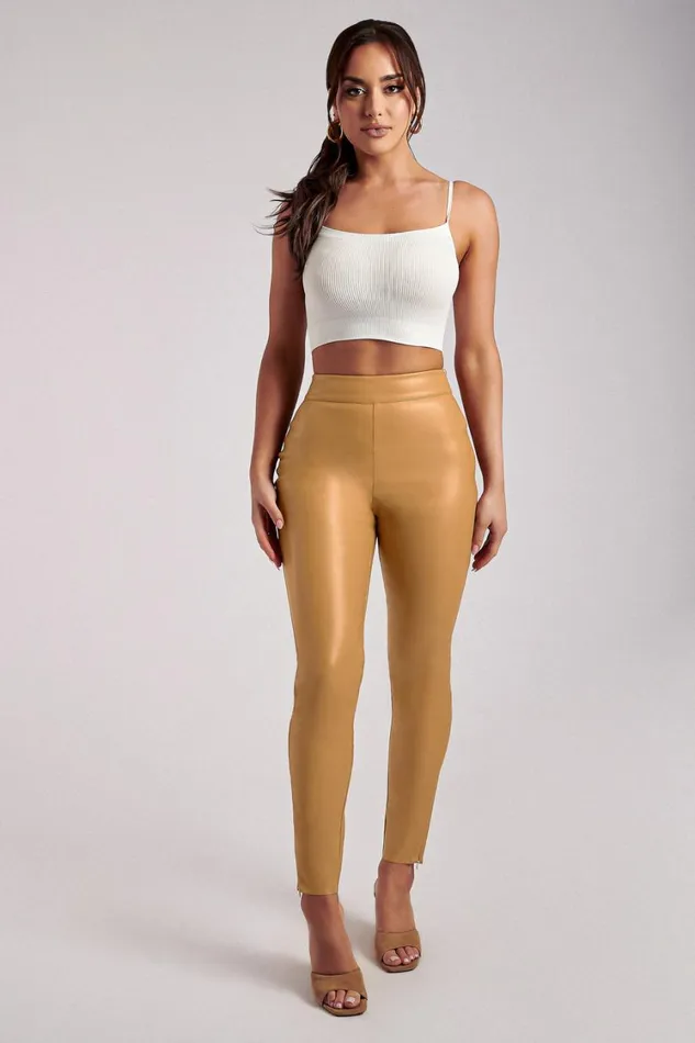 Women Meshki Bottoms Shayla Skinny Faux Leather Split Pant 8211 Tan