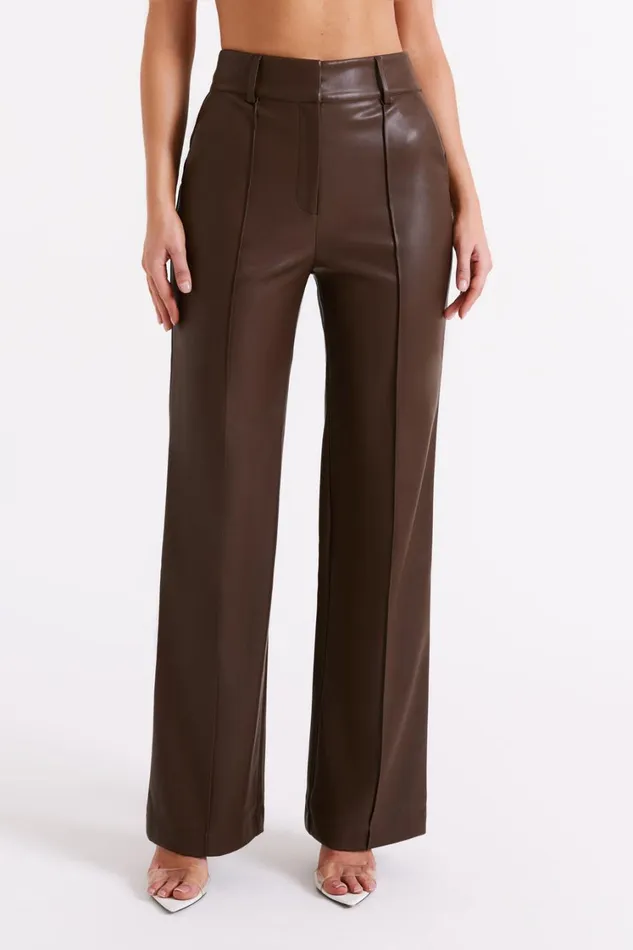 Women Meshki Bottoms Toni Faux Leather Wide Leg Pant 8211 Dark Brown