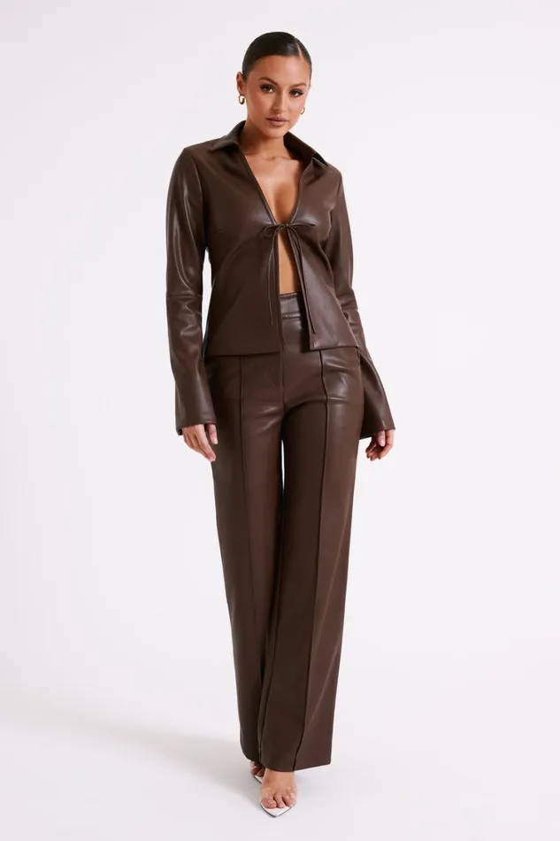 Women Meshki Bottoms Toni Faux Leather Wide Leg Pant 8211 Dark Brown