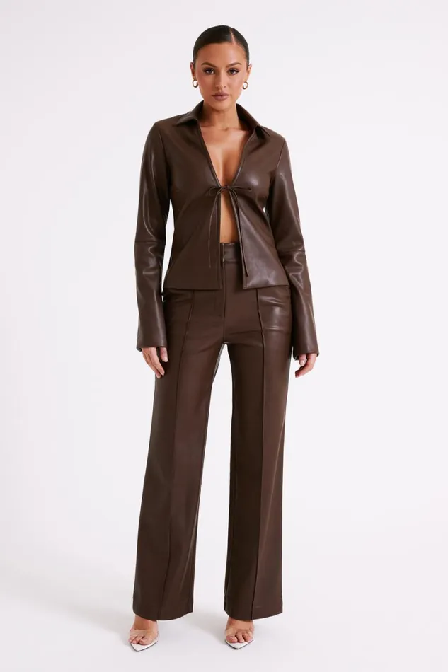 Women Meshki Bottoms Toni Faux Leather Wide Leg Pant 8211 Dark Brown