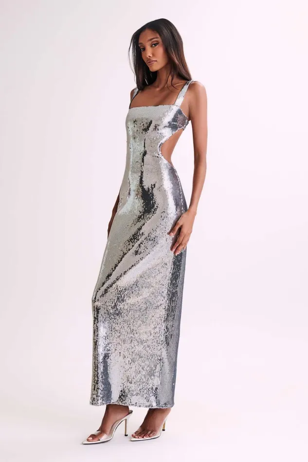 Women Meshki Dresses Adoria Sequin Cut Out Maxi Dress 8211 Silver