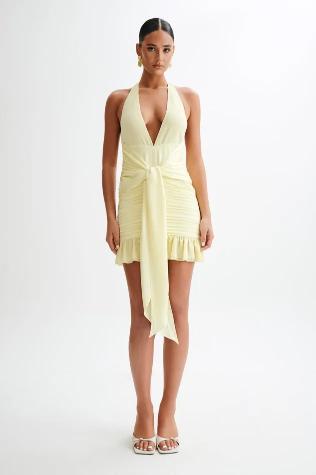 Women Meshki Dresses Ambrosi Satin Chiffon Mini Dress 8211 Lemon Sherbet