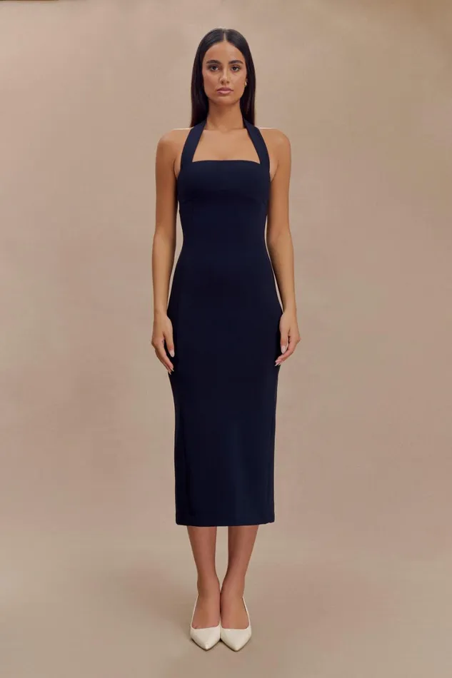 Women Meshki Dresses Amelita Suiting Halter Midi Dress 8211 Navy
