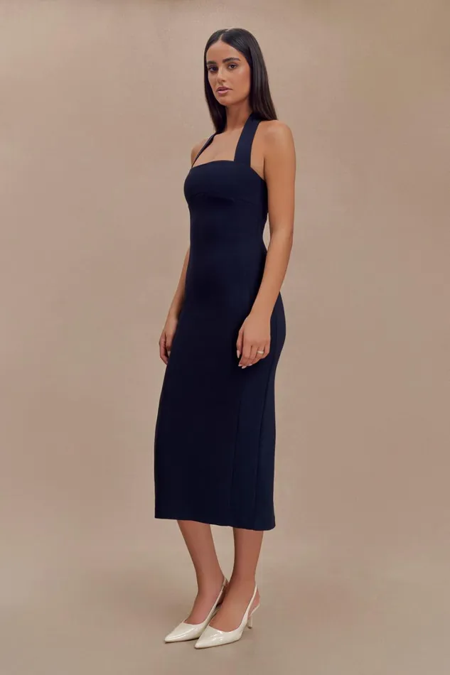 Women Meshki Dresses Amelita Suiting Halter Midi Dress 8211 Navy