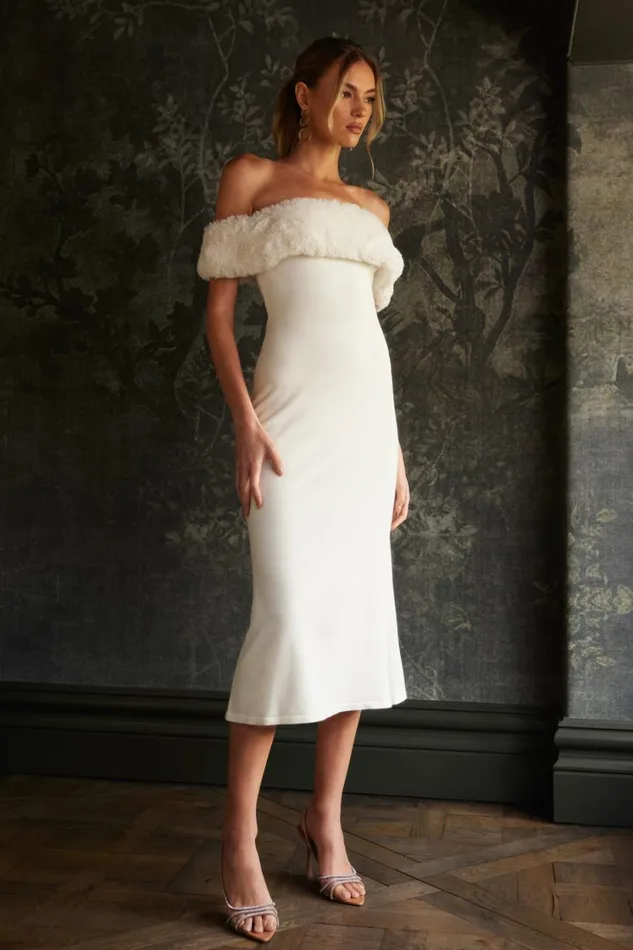 Women Meshki Dresses Angelica Off Shoulder Knit Midi Dress With Faux Fur 8211 Ivory