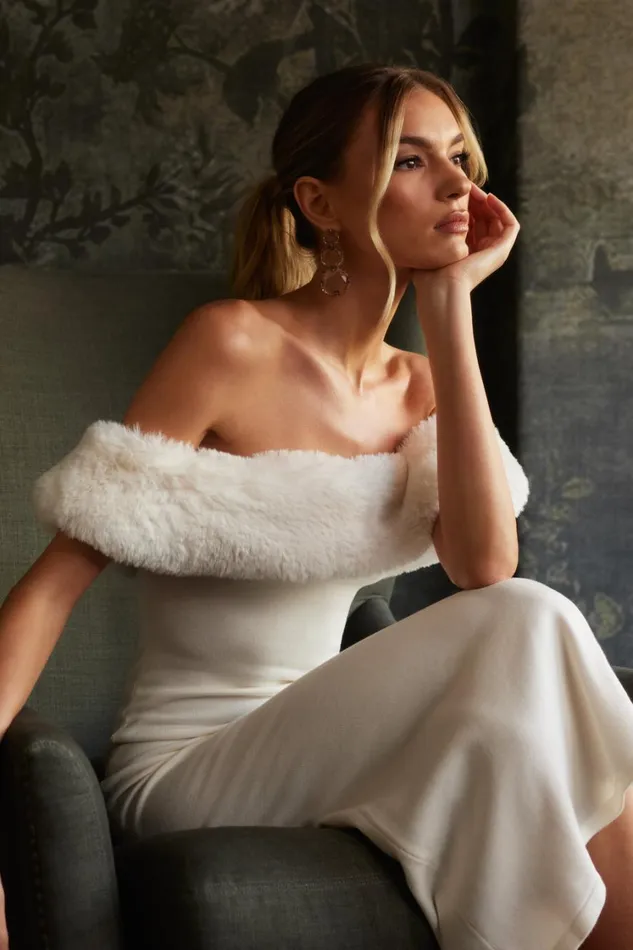 Women Meshki Dresses Angelica Off Shoulder Knit Midi Dress With Faux Fur 8211 Ivory