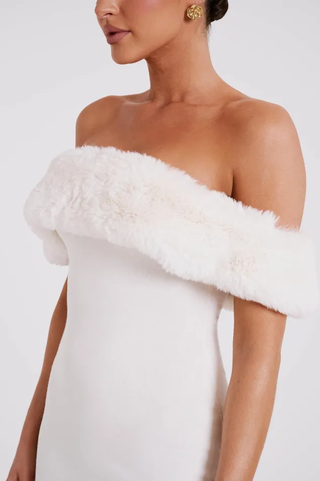 Women Meshki Dresses Angelica Off Shoulder Knit Midi Dress With Faux Fur 8211 Ivory