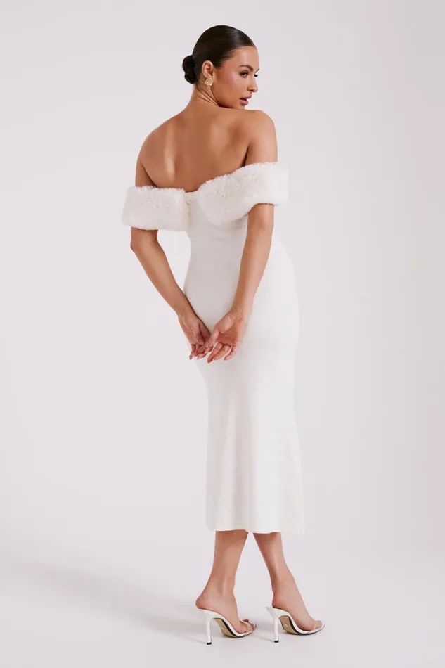 Women Meshki Dresses Angelica Off Shoulder Knit Midi Dress With Faux Fur 8211 Ivory