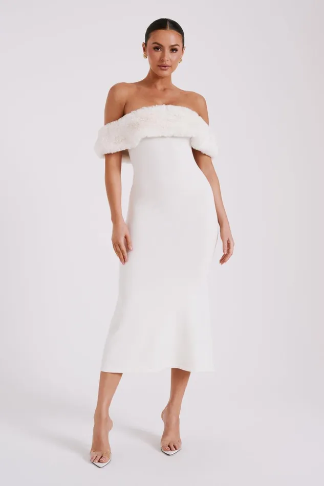 Women Meshki Dresses Angelica Off Shoulder Knit Midi Dress With Faux Fur 8211 Ivory