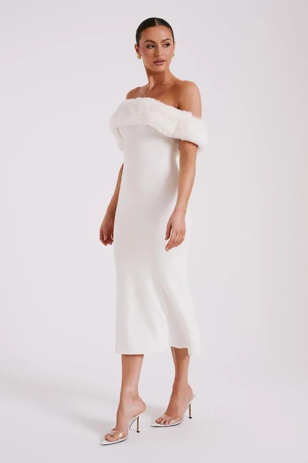 Women Meshki Dresses Angelica Off Shoulder Knit Midi Dress With Faux Fur 8211 Ivory