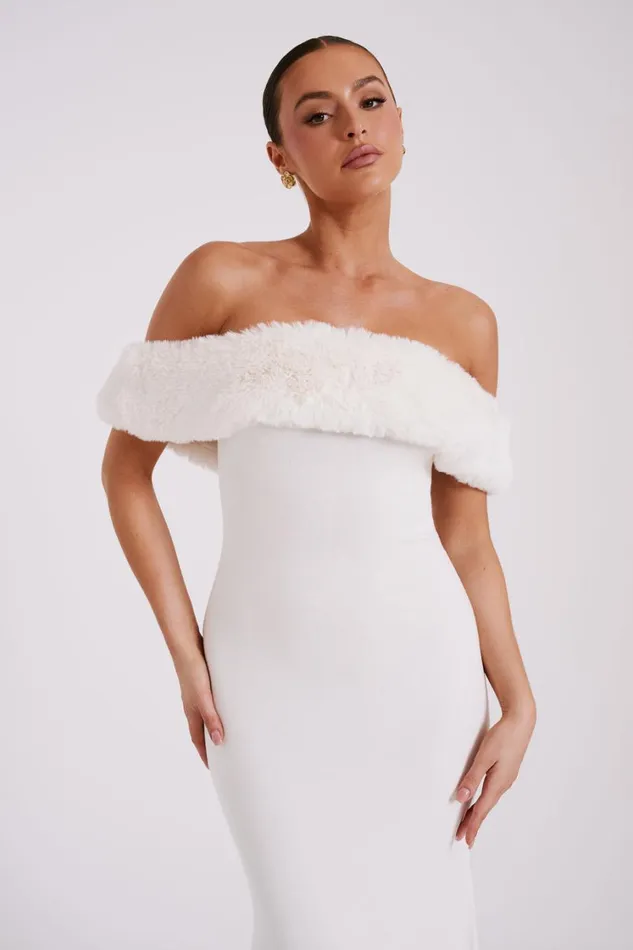 Women Meshki Dresses Angelica Off Shoulder Knit Midi Dress With Faux Fur 8211 Ivory