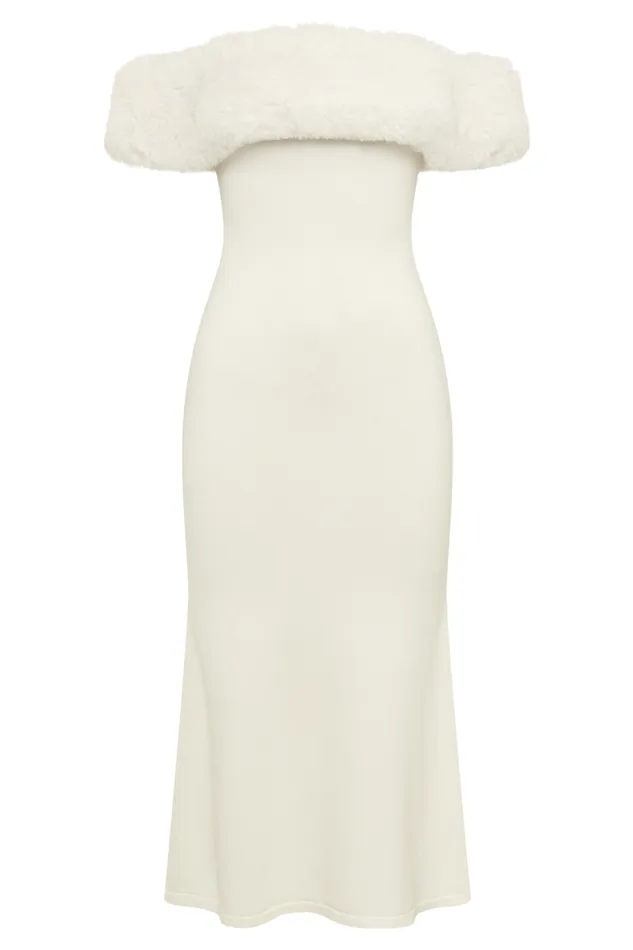 Women Meshki Dresses Angelica Off Shoulder Knit Midi Dress With Faux Fur 8211 Ivory