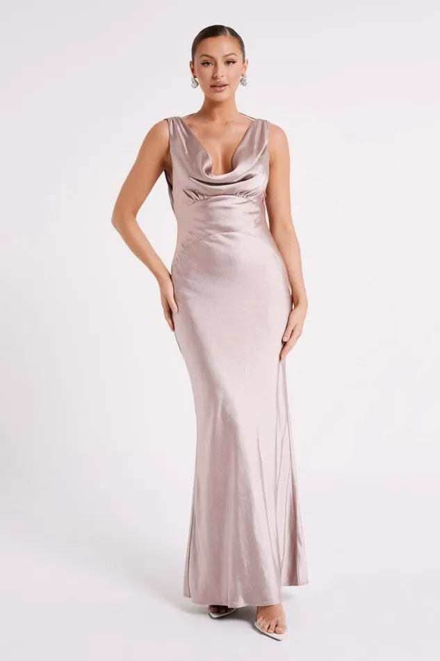 Women Meshki Dresses Angelique Satin Cowl Back Maxi Dress 8211 Taupe