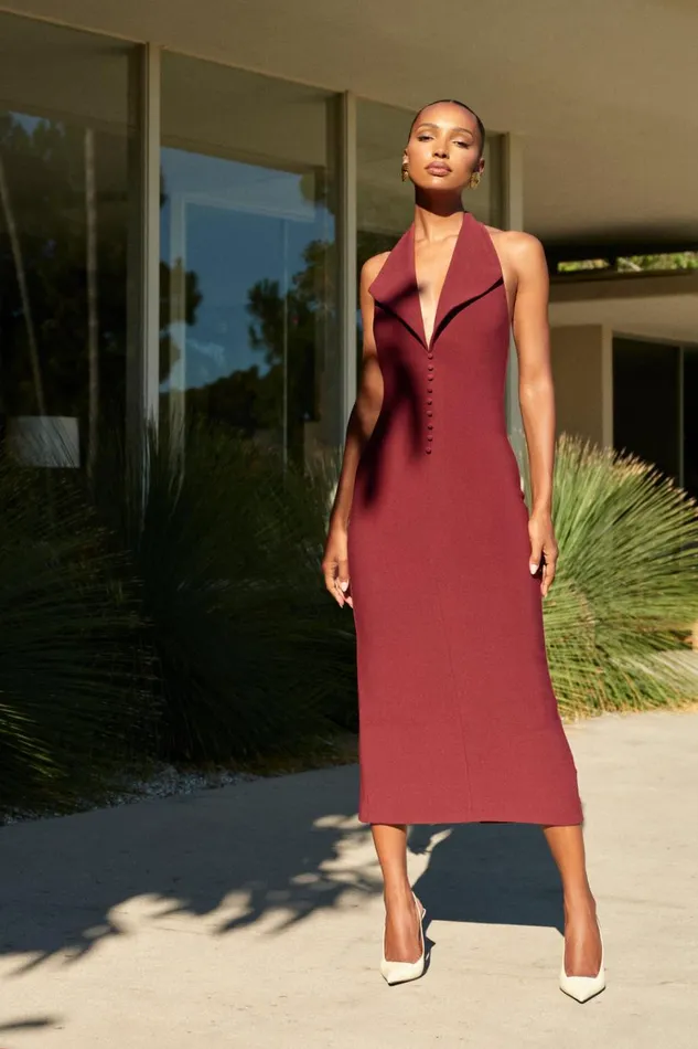 Women Meshki Dresses Annita Crepe Halter Midi Dress 8211 Merlot