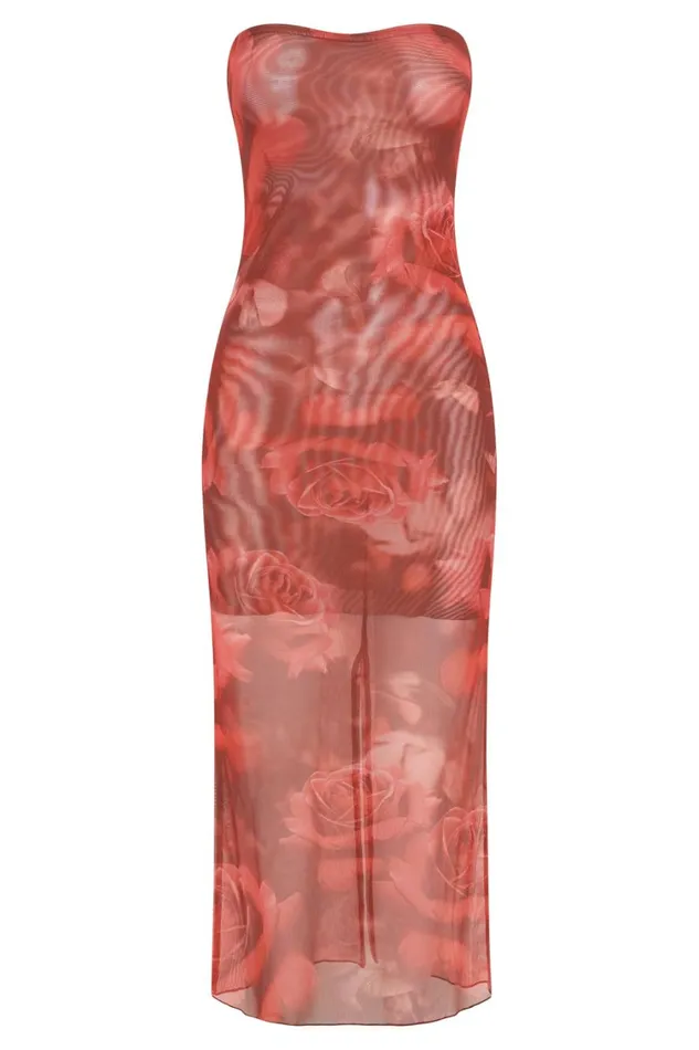 Women Meshki Dresses Aphrodite Strapless Mesh Dress 8211 Oversized Rose Print