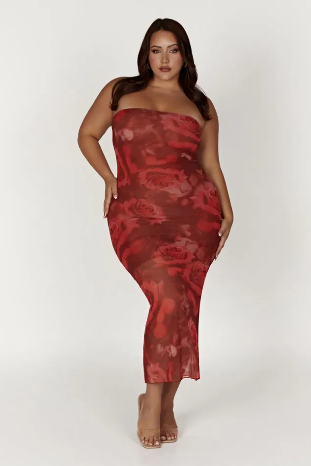 Women Meshki Dresses Aphrodite Strapless Mesh Dress 8211 Oversized Rose Print
