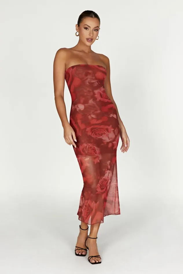 Women Meshki Dresses Aphrodite Strapless Mesh Dress 8211 Oversized Rose Print