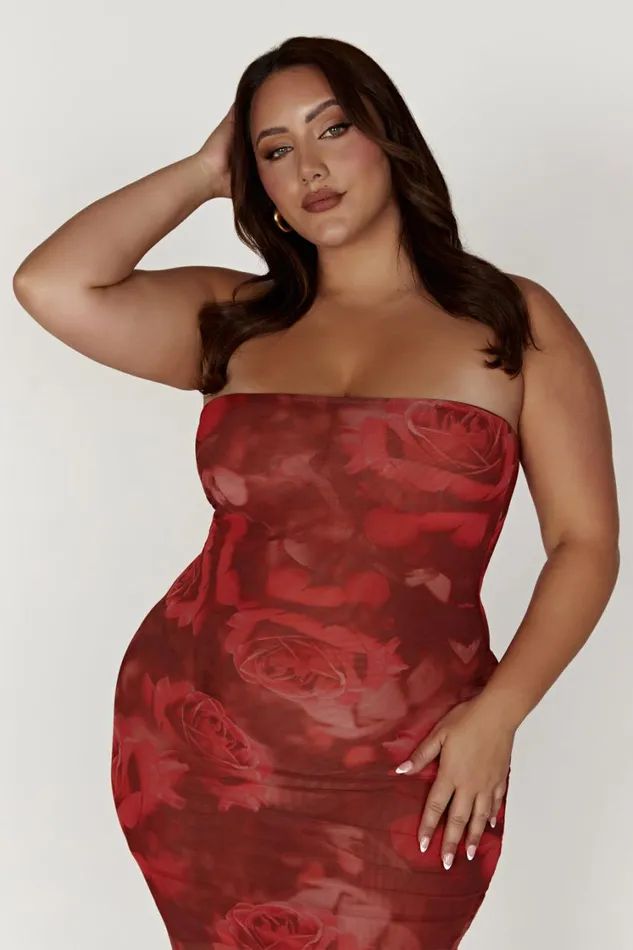 Women Meshki Dresses Aphrodite Strapless Mesh Dress 8211 Oversized Rose Print