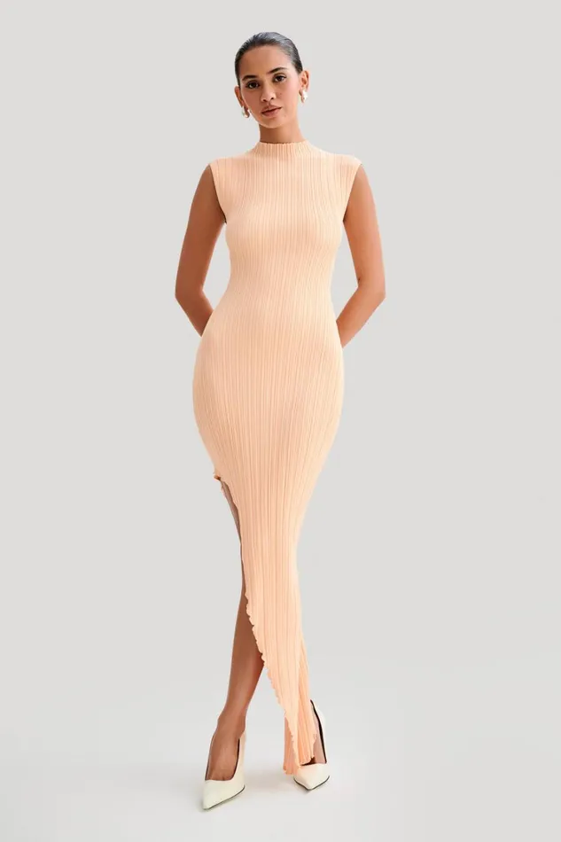 Women Meshki Dresses Arden Asymmetrical Rib Knit Maxi Dress 8211 Light Peach