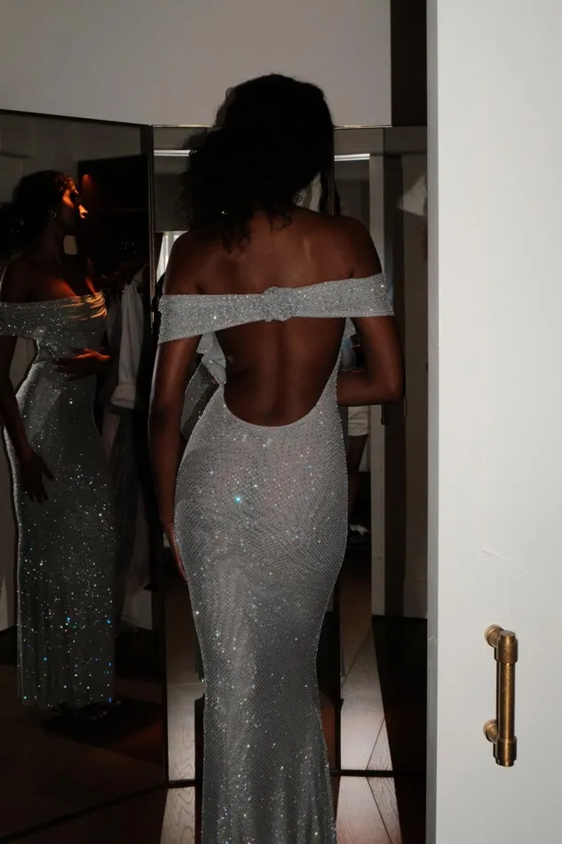 Women Meshki Dresses Arna Off Shoulder Diamante Maxi Dress 8211 Silver