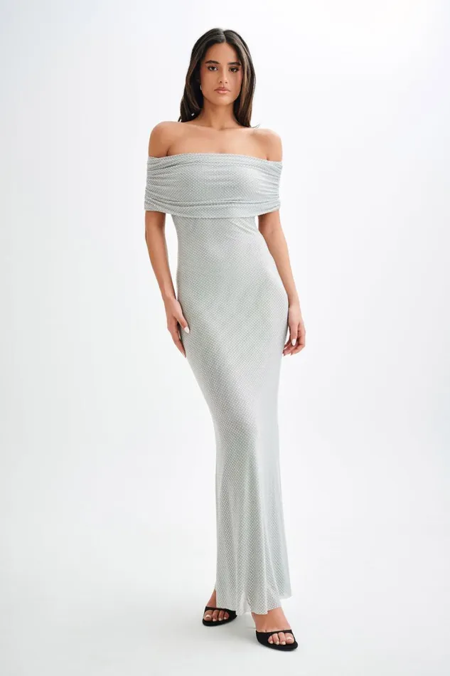 Women Meshki Dresses Arna Off Shoulder Diamante Maxi Dress 8211 Silver